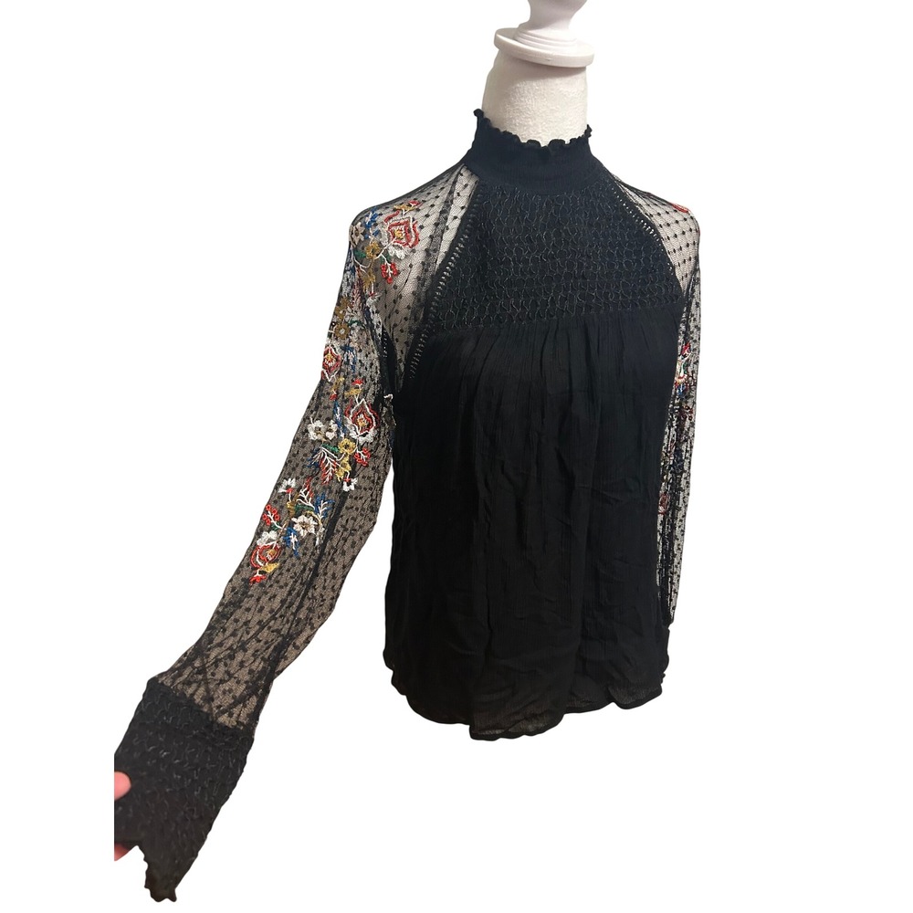 Dark Romantic Longsleeve sheer embroidery high collar ruched black gothic blouse